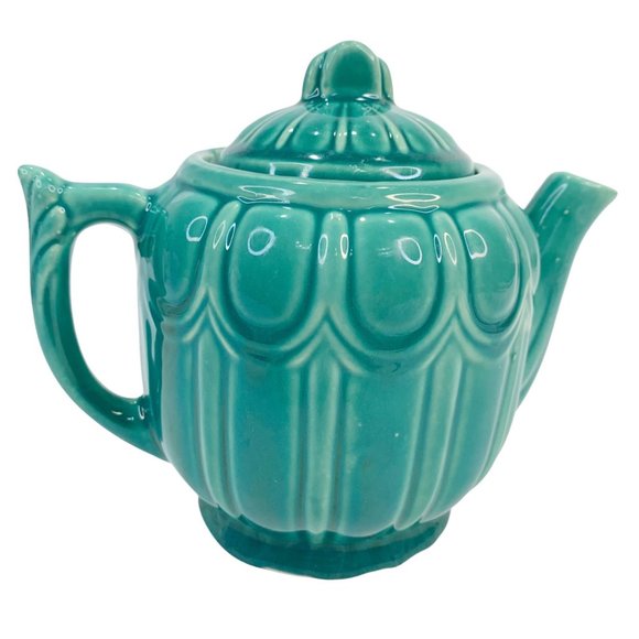 “SOLD” Vintage Shawnee Tea Pot MCM Ribbed Drape Pottery USA 1940s 40s Green - Picture 6 of 11